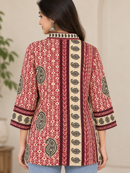Women's Red & Beige Ethnic Printed Crepe Shirt