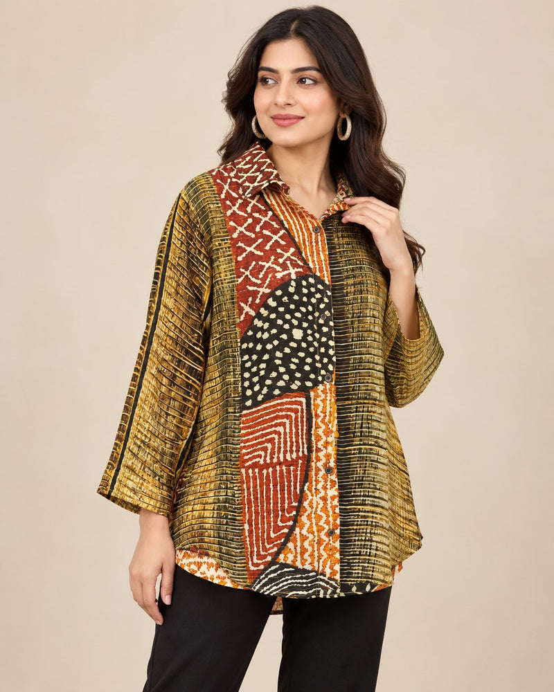 Women's Olive Green & Multicolor Printed Crepe Shirt