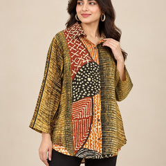 Women's Olive Green & Multicolor Printed Crepe Shirt
