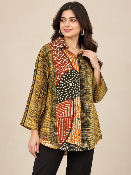 Women's Olive Green & Multicolor Printed Crepe Shirt