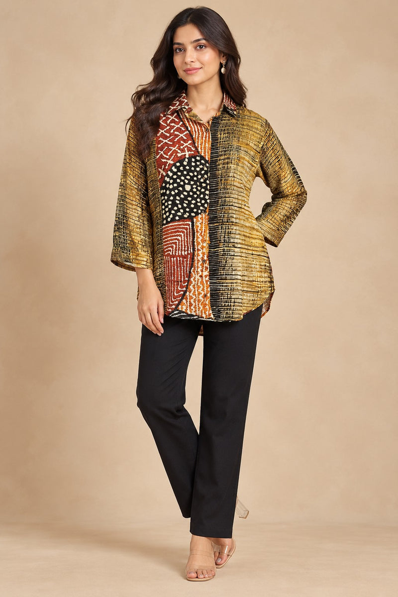Women's Olive Green & Multicolor Printed Crepe Shirt