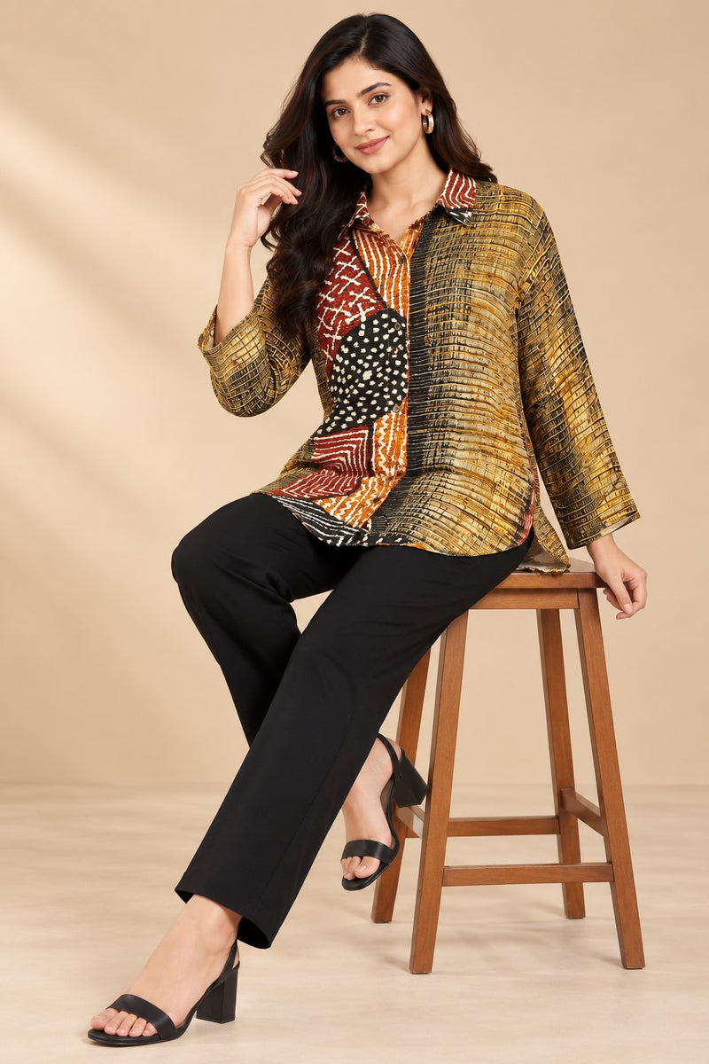 Women's Olive Green & Multicolor Printed Crepe Shirt