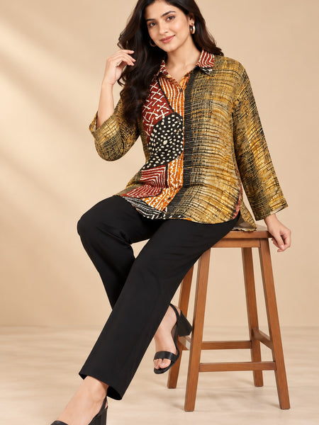 Women's Olive Green & Multicolor Printed Crepe Shirt