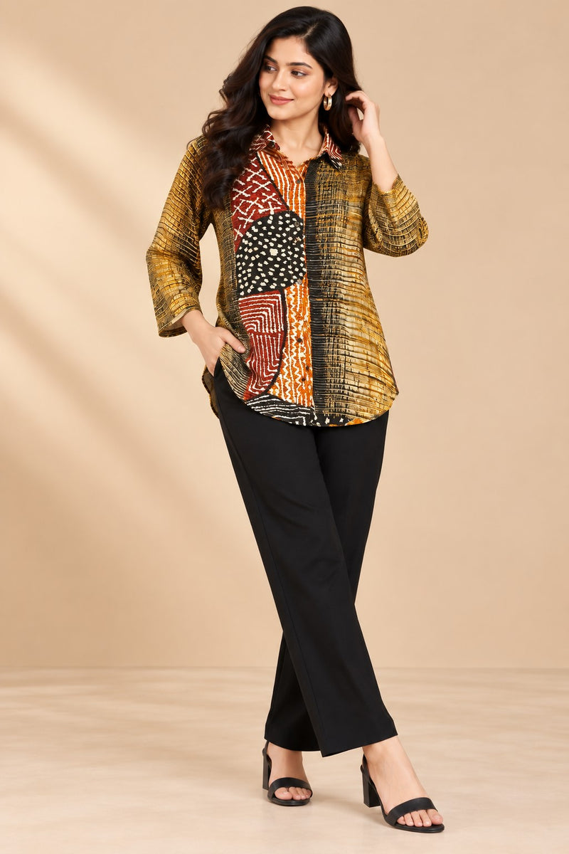 Women's Olive Green & Multicolor Printed Crepe Shirt