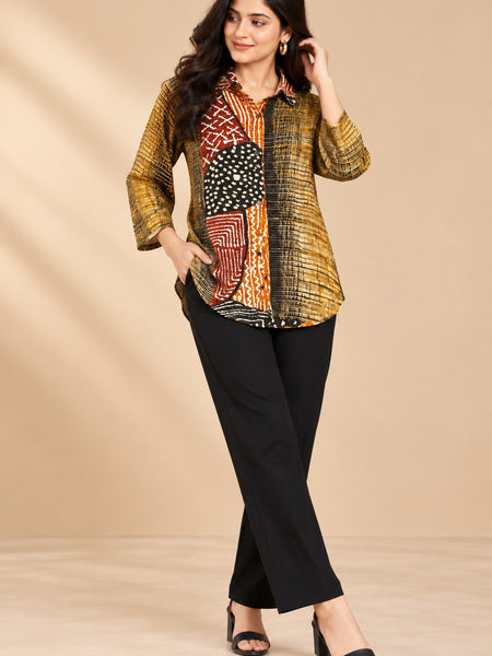 Women's Olive Green & Multicolor Printed Crepe Shirt
