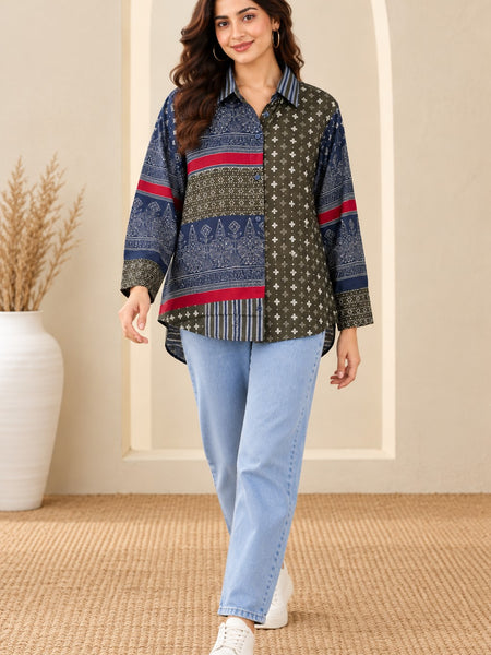 Women's Blue Printed Crepe Shirt