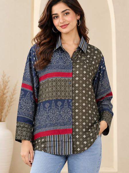 Women's Blue Printed Crepe Shirt