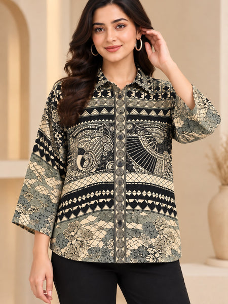 Women's Black and White Printed Crepe Shirt