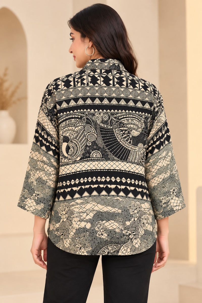 Women's Black and White Printed Crepe Shirt