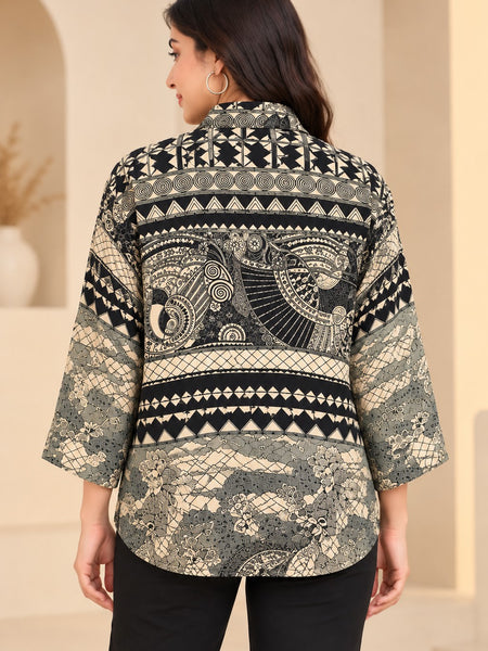 Women's Black and White Printed Crepe Shirt
