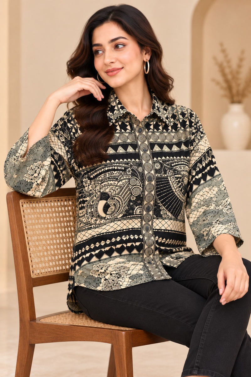 Women's Black and White Printed Crepe Shirt