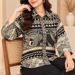 Women's Black and White Printed Crepe Shirt