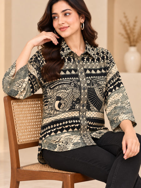 Women's Black and White Printed Crepe Shirt