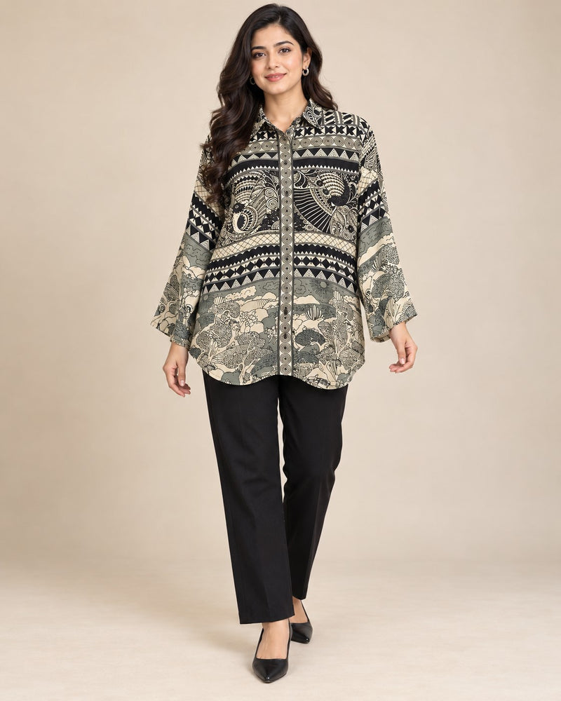 Women's Black and White Printed Crepe Shirt