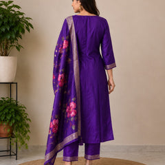 Purple Embroidered Kurta Set with Floral Dupatta