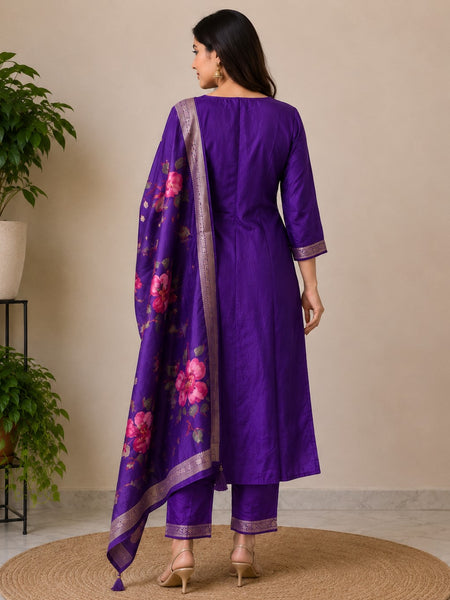 Purple Embroidered Kurta Set with Floral Dupatta