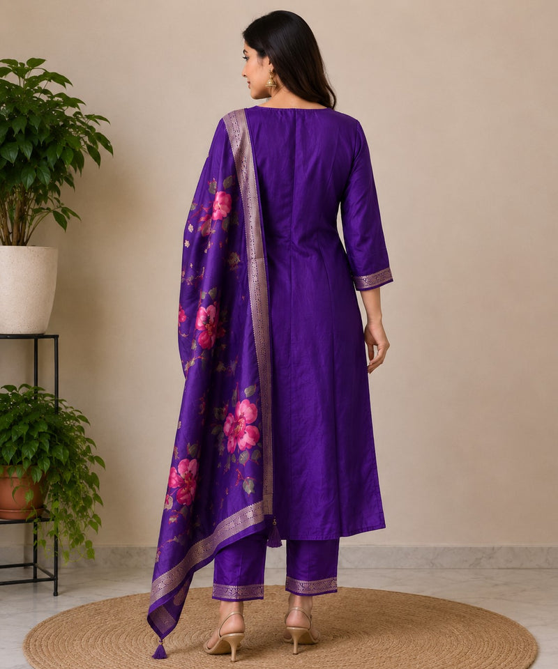 Purple Embroidered Kurta Set with Floral Dupatta