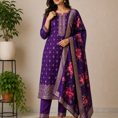 Purple Embroidered Kurta Set with Floral Dupatta