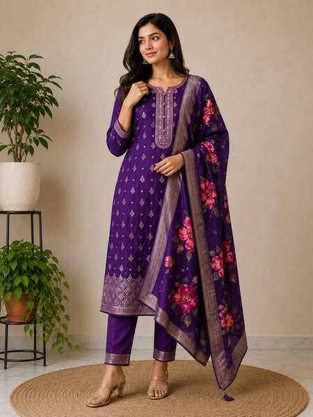 Purple Embroidered Kurta Set with Floral Dupatta