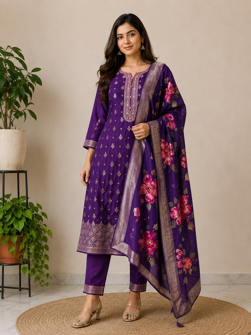 Purple Embroidered Kurta Set with Floral Dupatta