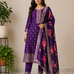 Purple Embroidered Kurta Set with Floral Dupatta