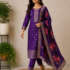 Purple Embroidered Kurta Set with Floral Dupatta