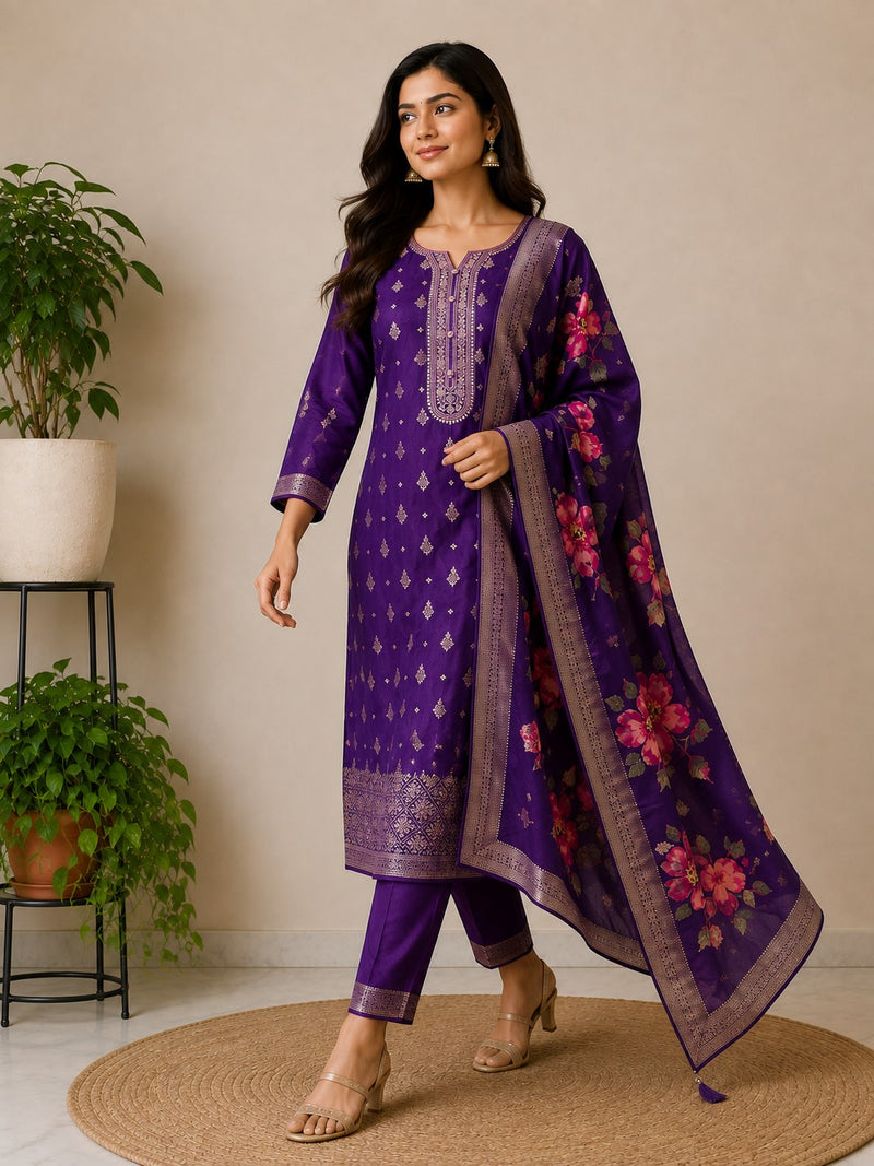 Purple Embroidered Kurta Set with Floral Dupatta