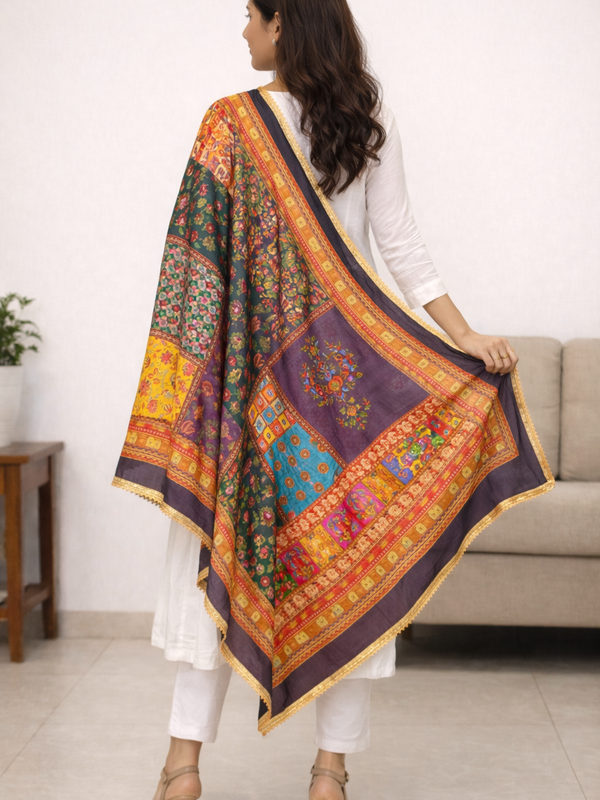 Multicolor Printed Patchwork Dupatta with Floral, Paisley & Geometric Ethnic Designs DB3010