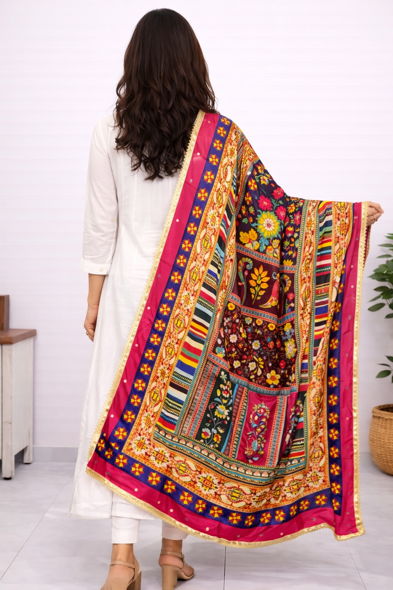 Multicolor Traditional Ajrakh-Inspired Printed Dupatta with Floral & Geometric Border DB3011