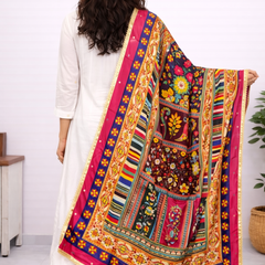 Multicolor Traditional Ajrakh-Inspired Printed Dupatta with Floral & Geometric Border DB3011