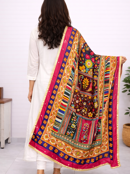 Multicolor Traditional Ajrakh-Inspired Printed Dupatta with Floral & Geometric Border DB3011