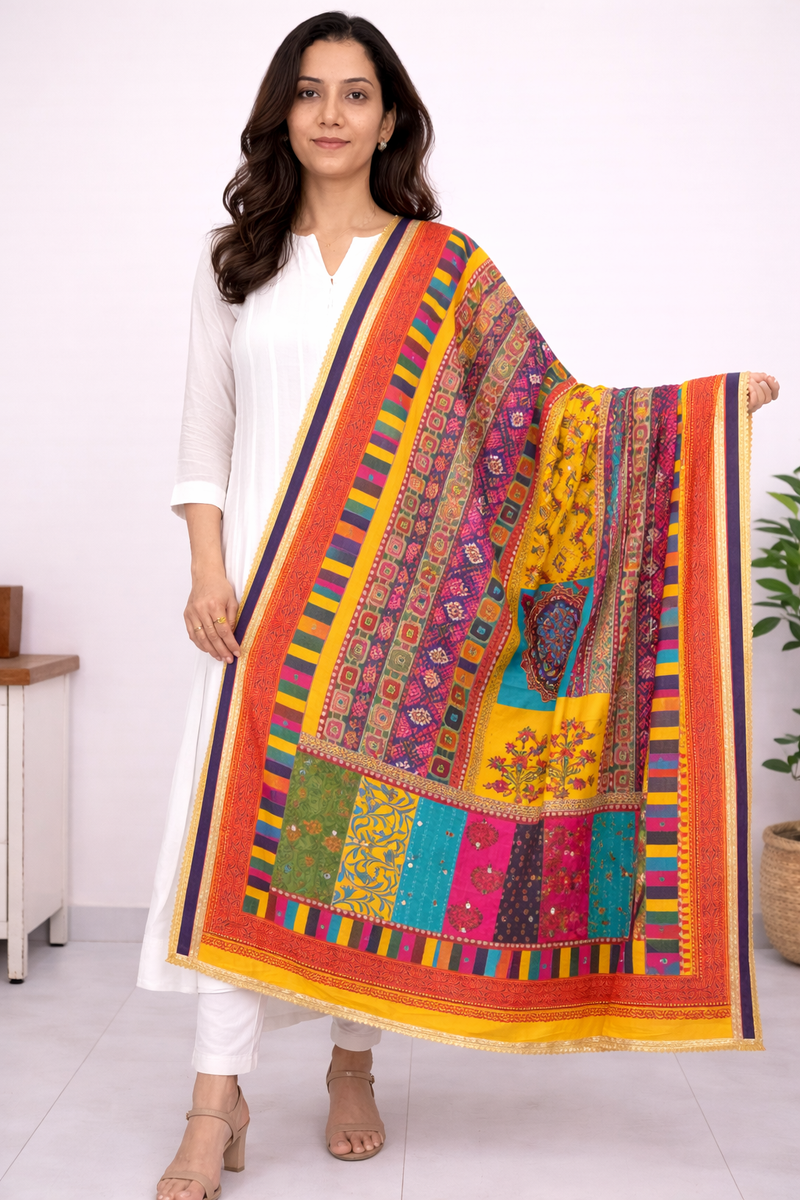 Multicolor Printed Ethnic Dupatta with Geometric, Floral & Patchwork Design DB3009
