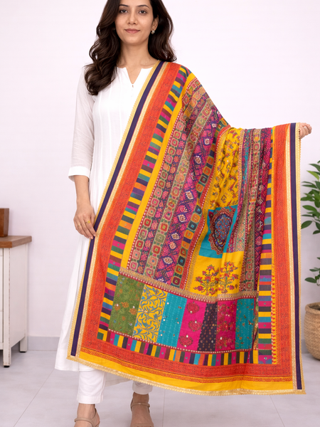 Multicolor Printed Ethnic Dupatta with Geometric, Floral & Patchwork Design DB3009
