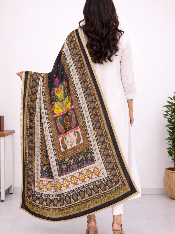 Black Multicolor Paisley & Floral Printed Designer Dupatta DB3024