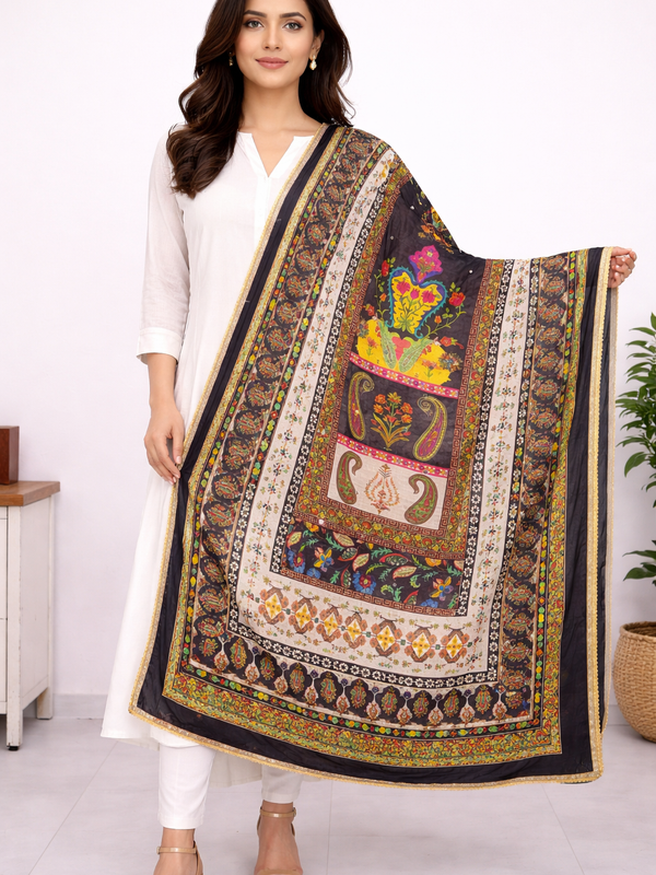 Black Multicolor Paisley & Floral Printed Designer Dupatta DB3024