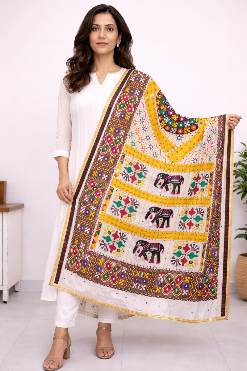 Multicolor Kutch-Inspired Elephant & Geometric Printed Designer Dupatta DB3028