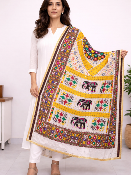 Multicolor Kutch-Inspired Elephant & Geometric Printed Designer Dupatta DB3028