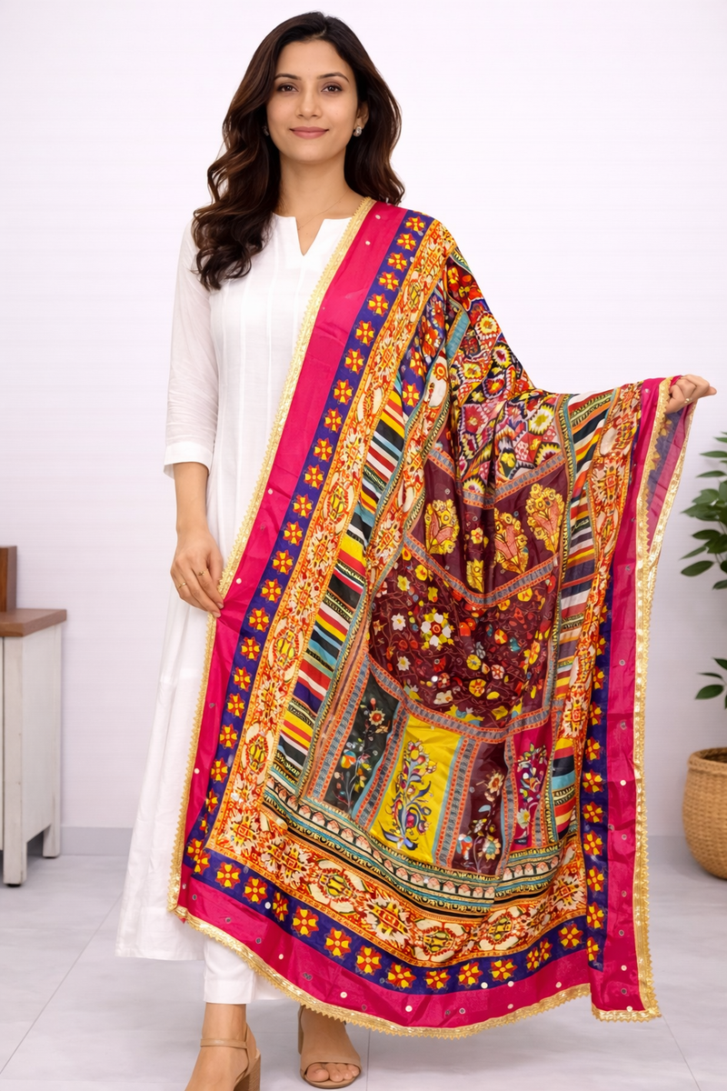 Multicolor Traditional Ajrakh-Inspired Printed Dupatta with Floral & Geometric Border DB3011