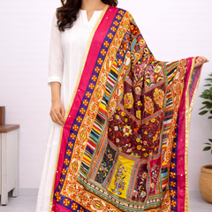 Multicolor Traditional Ajrakh-Inspired Printed Dupatta with Floral & Geometric Border DB3011