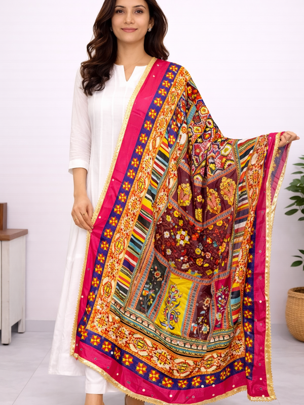Multicolor Traditional Ajrakh-Inspired Printed Dupatta with Floral & Geometric Border DB3011