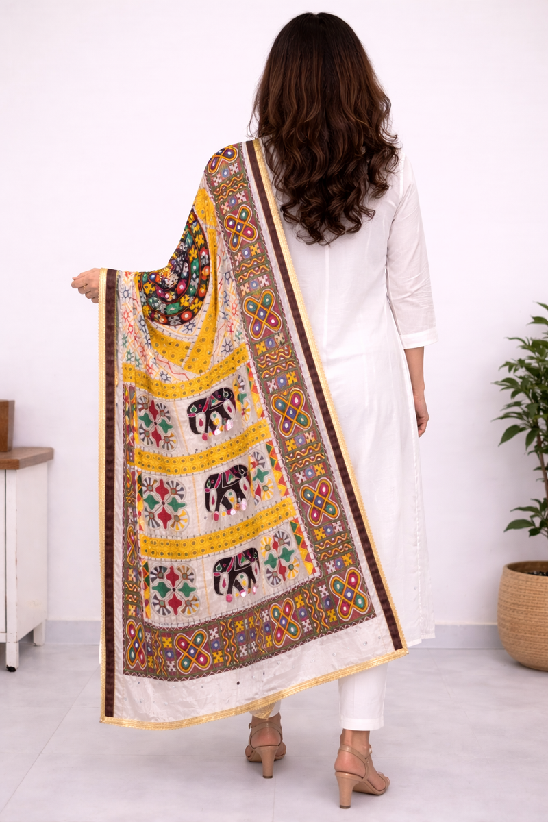 Multicolor Kutch-Inspired Elephant & Geometric Printed Designer Dupatta DB3028
