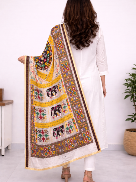 Multicolor Kutch-Inspired Elephant & Geometric Printed Designer Dupatta DB3028