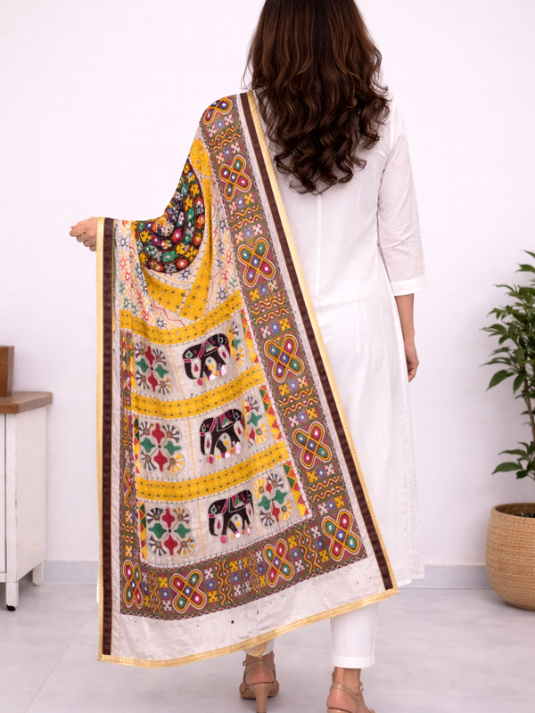 Multicolor Kutch-Inspired Elephant & Geometric Printed Designer Dupatta DB3028