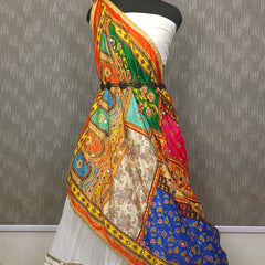 Multicolor Printed Patchwork Ethnic Dupatta with Floral & Geometric Border DB3006