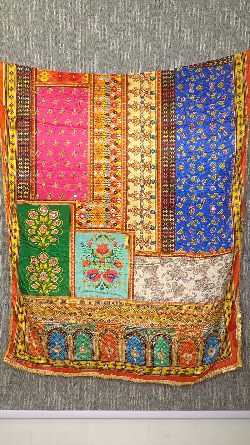 Multicolor Printed Patchwork Ethnic Dupatta with Floral & Geometric Border DB3006