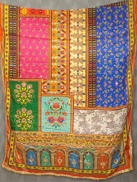 Multicolor Printed Patchwork Ethnic Dupatta with Floral & Geometric Border DB3006