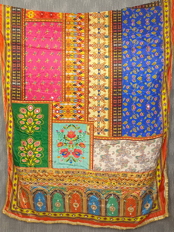 Multicolor Printed Patchwork Ethnic Dupatta with Floral & Geometric Border DB3006
