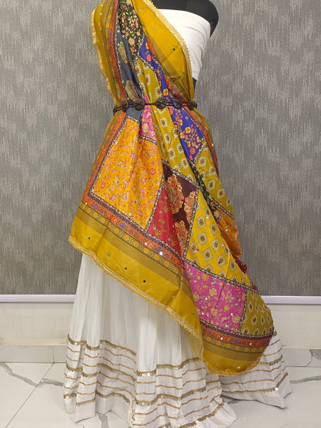 Mustard Multicolor Patchwork Printed Designer Dupatta DB3023
