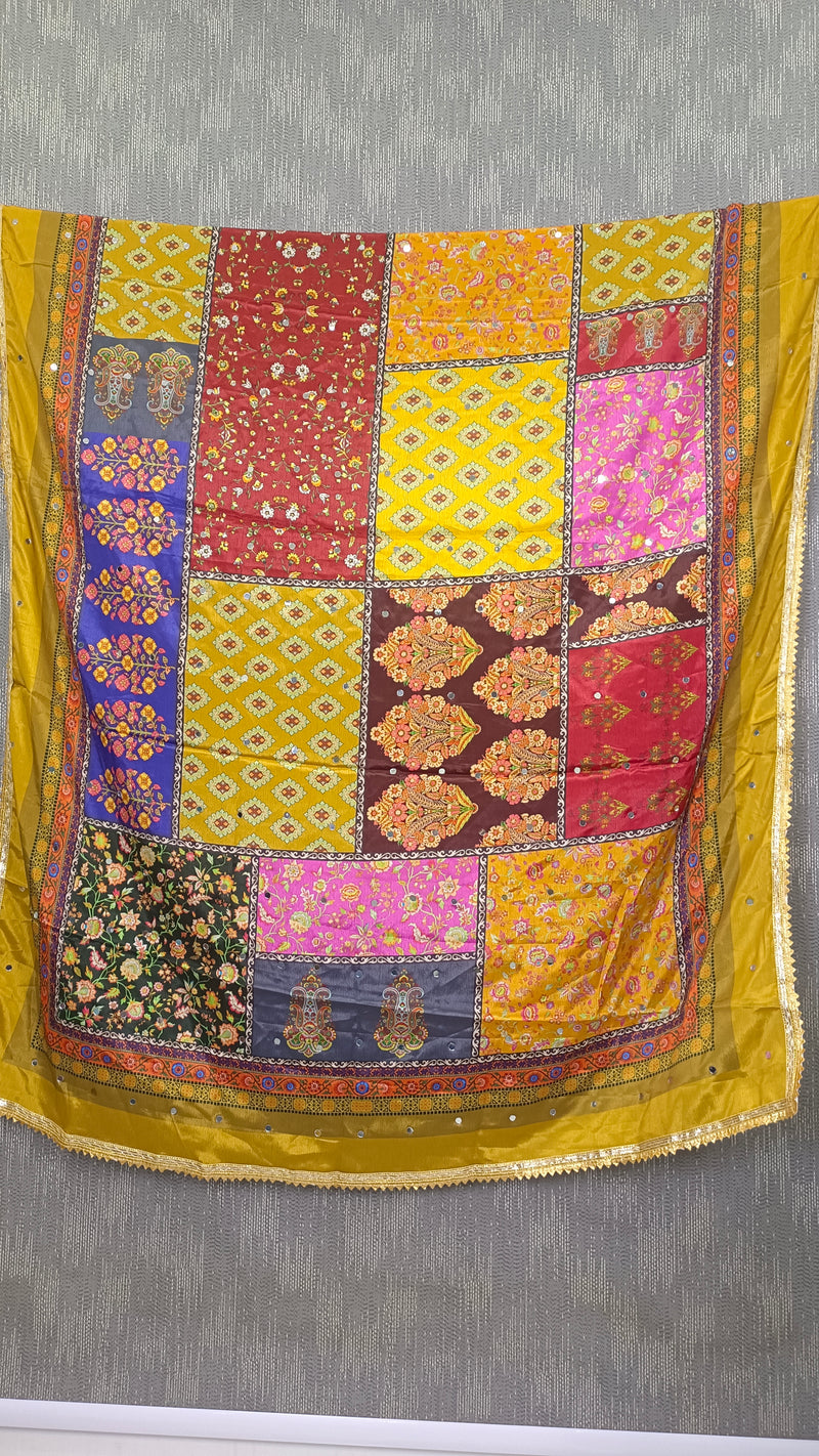 Mustard Multicolor Patchwork Printed Designer Dupatta DB3023