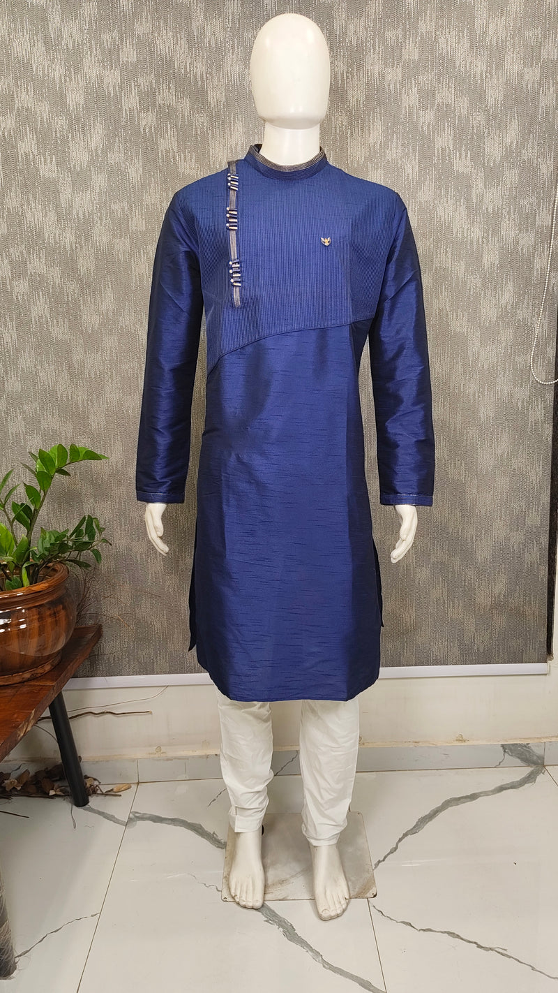 DESI BUTIK Men’s Navy Blue Asymmetric Designer Kurta With Churidar